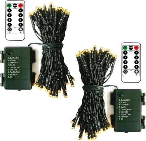 2 Pack Battery Operated String Lights, Each 16.5 Ft 50 LED String Lights Dark Green Wire with Remote Timer 8 Modes Fairy Lights for Bedroom Garden Party Garlands Christmas Tree Decor(Warm White)